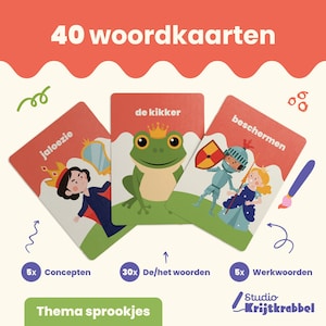Könnte beinhalten: Ein Satz von 40 bunten Wortkarten zum Erlernen des niederländischen Wortschatzes. Die Karten zeigen Illustrationen von einem Frosch, einem Ritter und einer Königin. Der Text auf den Karten enthält Wörter wie "de kikker" (der Frosch), "beschermen" (schützen) und "jaloezie" (Eifersucht).