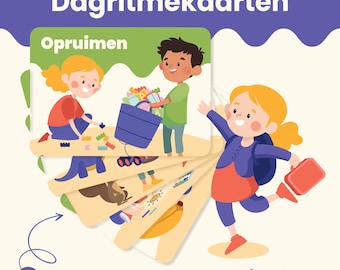 May include: A set of 25 colorful illustrated cards with the text "Dagritmekaarten" and "Oprumen" on one card. The cards feature illustrations of children doing various activities, such as cleaning up toys, playing with a dinosaur, and eating a banana. The cards are designed to help children learn about daily routines.