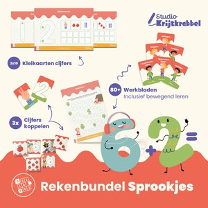 Op de afbeelding: Een kleurrijk educatief hulpmiddel voor het leren van rekenen voor jonge kinderen. De set bevat 210 flitskaarten, 3 sets met cijfer-koppelkaarten, 80+ werkbladen en een leuke illustratie van twee cartoon-cijfers. De tekst op de afbeelding is "Rekenbundel Sprookjes" en "Studio Krijtkrabbel".