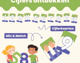 May include: A set of ten colorful cards with numbers 1 through 10 on them. The cards are arranged in a row. Below the cards, there is a sign that says "Mix & Match". There are two children holding up large numbers. The cards are labeled "Cijferkaarten".