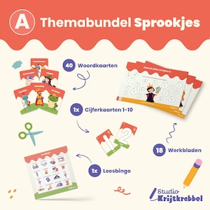 May include: A colorful educational resource pack for children featuring fairy tales. The pack includes 40 word cards, 1 number cards, 1 reading bingo card, and 18 worksheets. The pack is designed for children learning Dutch.