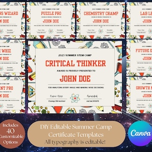 May include: A set of editable summer camp certificate templates. The certificates feature titles such as "Fractions Wizard" and "Critical Thinker", with customisable text fields. The design includes science-themed illustrations and the Canva logo.