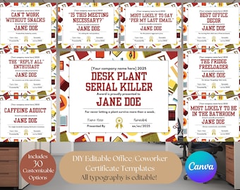 Funny Coworker Award-certificaten: 30 bewerkbare grapcadeaus (directe download)