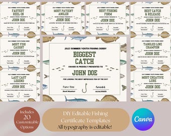 Kids Fishing Award-certificaten: afdrukbare toernooiprijzen (canvasjabloon, digitale download)