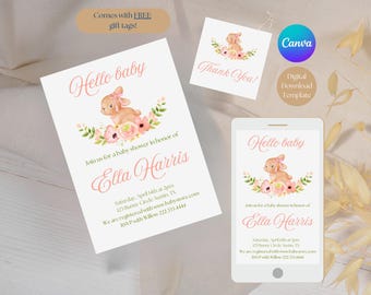 Plantilla de invitación para baby shower de conejito: Diseño floral (Descarga digital)