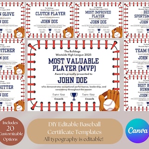 Baseball Award-Zertifikate für Kinder | Bearbeitbare Baseball Auszeichnungen | Druckbare Sport-Zertifikate | T-Ball Auszeichnungen | Anpassbare Auszeichnungen