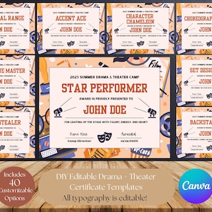 Drama Award Certificates: 40 Printable Theater Awards (Canva Template Digital Download)
