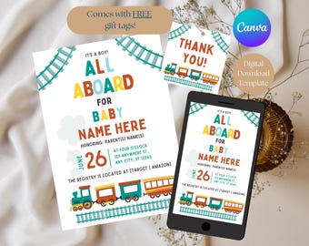 Train Baby Shower Invitation: Mobile Invite & Thank You Tags (DIY Template)
