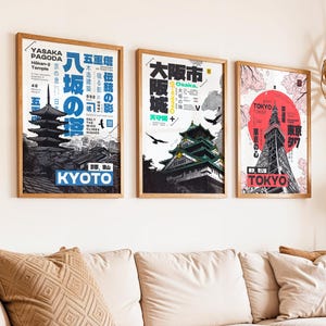 日本の都市ポスターセット - 東京タワー、大阪城、京都五重塔。マンガ風タイポグラフィでレトロなプリントウォールアートを制作