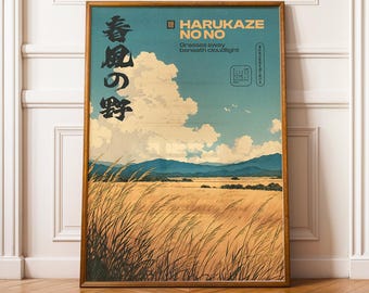 Harukaze Japanese Wall Art, Printable Poster of Golden Grass Field in Spring Breeze with Kanji Typography and Retro Japanese Landscape Style