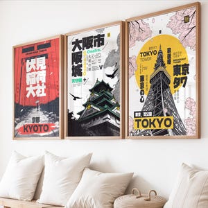 Conjunto de arte mural de ciudades japonesas: Torre de Tokio, Castillo de Osaka y Santuario de Kioto. Pósteres retro imprimibles con Sakura y estilo manga.