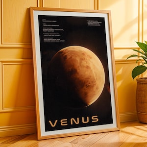 Poster Vénus Sci-Fi Space – Art mural rétro imprimable de la planète la plus chaude avec des données scientifiques, des détails atmosphériques et un style futuriste