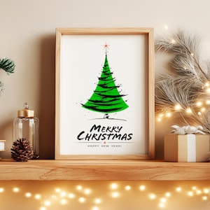 Arte mural de árbol de Navidad: póster con pincel de tinta en verde y negro, impresión navideña moderna y llamativa, decoración navideña minimalista para el hogar.