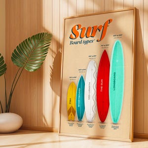 Types de planches de surf rétro, art mural imprimable, affiche de surf numérique, tableau de planches de surf vintage, décoration de plage côtière, impression d'art océan pour la maison