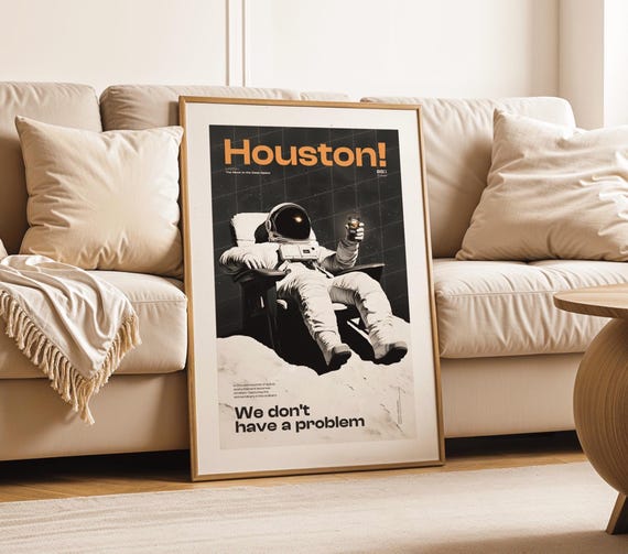 Houston Astronaut Poster - Relaxing Space Explorer Art Print - Retro Sci-Fi Wall Décor - Moon-Themed Modern Space Artwork