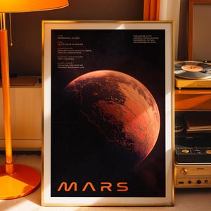 Póster de ciencia ficción imprimible de Marte: arte mural digital retro con datos científicos y un planeta rojo para decoración espacial y exploración cósmica.