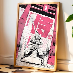 Poster Samurai Warrior Katana, stile retrò giapponese, stampabile, decorazione murale, stile manga rosso, regalo per lui, anime room Japandi