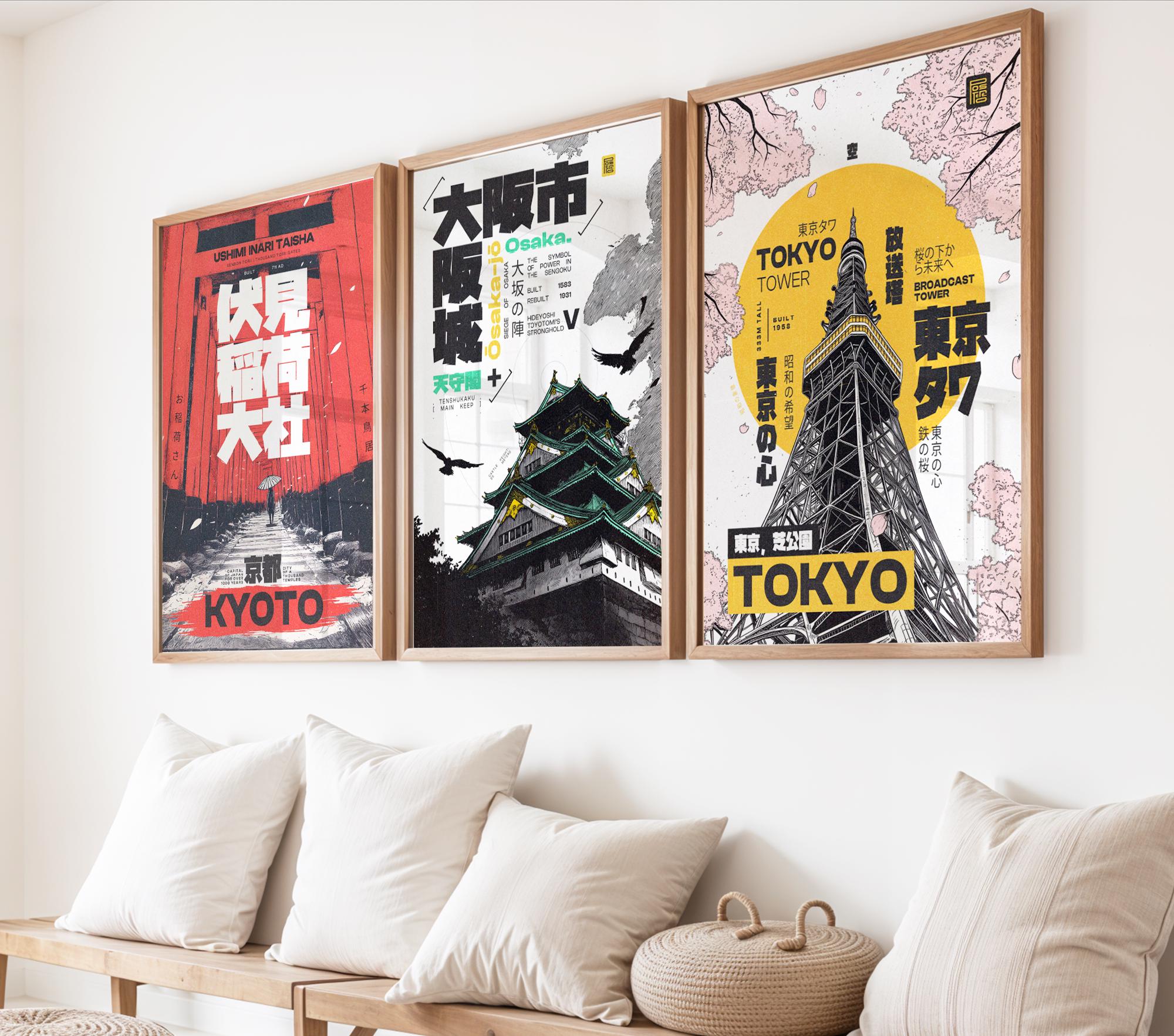 Japanese Cities Wall Art Set – Tokyo Tower, Osaka Castle & Kyoto Shrine Retro Printable Posters with Sakura and Manga Style