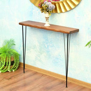 Handmade Walnut Console Table: Rustic Entryway Table with Metal Hairpin Legs