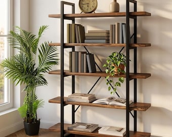 Industriële notenhouten boekenkast met metalen frame, moderne houten displayplank