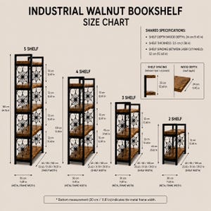 Puede incluir: Tabla de tallas de estanter&iacute;a de nogal industrial. El gr&aacute;fico muestra opciones de 2 a 5 estantes con dimensiones en cm y pulgadas. Los estantes tienen un marco de metal y estantes de madera. La profundidad del estante es de 24 cm (9,45 pulgadas).