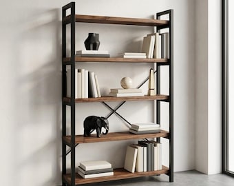 Industriële notenhouten boekenplank, moderne metalen boekenkast, rustiek opbergrekdecor