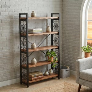 May include: A tall, five-tier bookshelf featuring a black metal frame with decorative starburst side panels and natural wood shelves with live edges. The shelves hold various ceramic vases, stacked books, and a green potted plant.