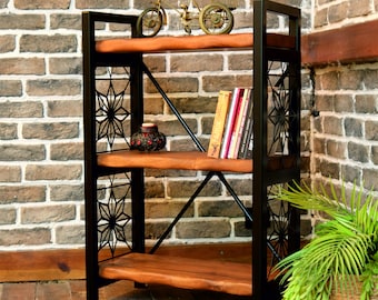 Massief houten boekenkast, handgemaakte notenhouten plank: lasergesneden metalen frame, rustiek