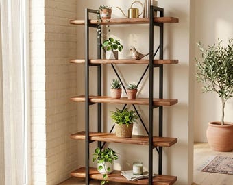 Industriële notenhouten boekenplank | Moderne metalen boekenkast | Opbergplank voor kantoor