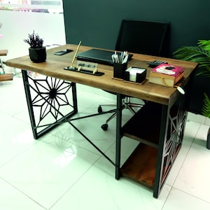 Modern Walnut Wood Desk: Industrial Iron Legs, Live Edge Table
