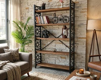 Industriële boekenplank van walnoothout met 5 niveaus en lasergesneden metalen frame