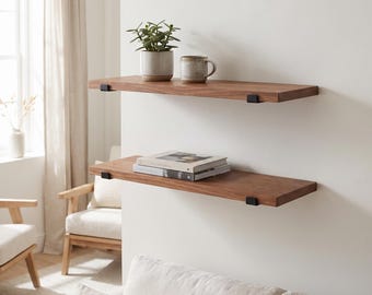 Set of 2 Solid Wood Wall Shelves, Black Metal Accent, Custom Size