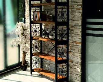 Libreria industriale, scaffale in legno e metallo, libreria rustica, scaffale portaoggetti moderno, mobile per soggiorno