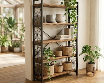 Industrieel notenhouten boekenplank met geometrisch metalen frame – houten displayplank met geslepen rand