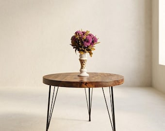 Solid Walnut Round Coffee Table with Hairpin Legs, Rustic Modern Living Room Table