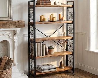 Handgemaakte notenhouten boekenplank met metalen frame | Industriële rustieke opbergplank voor woonkamer, kantoor en interieur