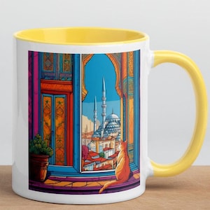 Istanbul Cat Coffee Mug with Colorful Interior - Turkish Art Tea Cup
