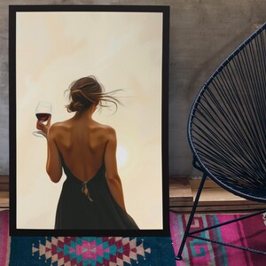 Elegant Woman with Wine Glass at Sunset – Digital Art Print, Minimalist Wall Art, Modern Home Decor, Feminine Aesthetic Poster