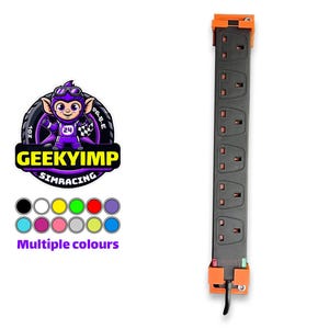 May include: A black power strip with six outlets and orange accents. The power strip has a black cord and is shown against a white background. The image also includes a logo with a cartoon monkey and the text "GeekyImp Simracing".