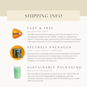 May include: Shipping information graphic with text: Fast & Free EU shipping, Securely Packaged, and Sustainable Packaging. Includes the PostNL logo and images of packaging materials.