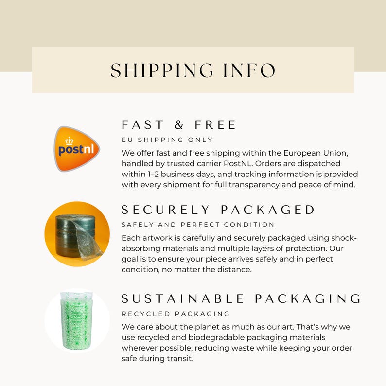 May include: Shipping information graphic with text: Fast & Free EU shipping, Securely Packaged, and Sustainable Packaging. Includes the PostNL logo and images of packaging materials.