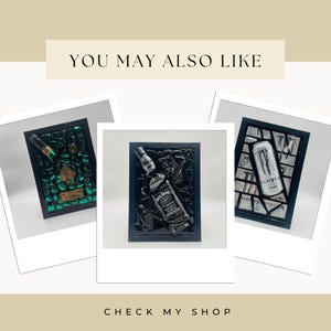 May include: Three framed artworks are shown. One features a bottle and green stones, another a Jack Daniel's bottle, and the third a Monster energy drink can. The text "YOU MAY ALSO LIKE" and "CHECK MY SHOP" are also visible.