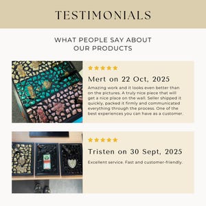 May include: A webpage section titled "TESTIMONIALS" displays customer reviews. One review praises the "Amazing work" and "best experiences". Another review highlights "Excellent service". Each review is accompanied by a star rating.