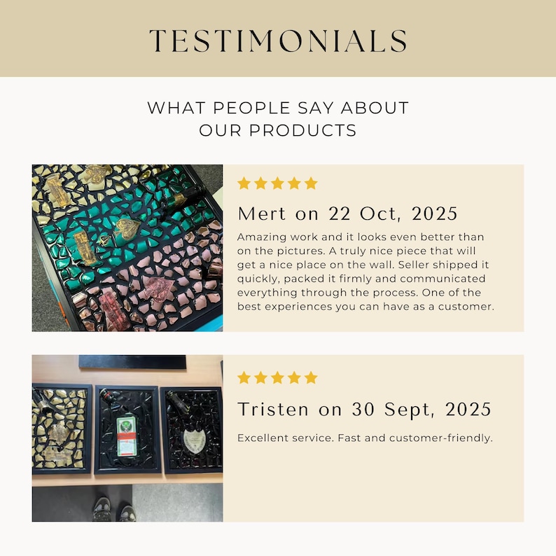 May include: A webpage section titled "TESTIMONIALS" displays customer reviews. One review praises the "Amazing work" and "best experiences". Another review highlights "Excellent service". Each review is accompanied by a star rating.