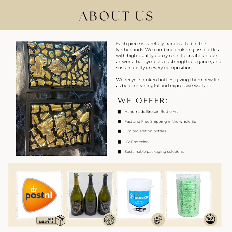 May include: Two framed wall art pieces made from broken glass bottles and epoxy resin. The artwork features gold-coloured bottle fragments set against a dark background. The image also shows three green bottles, a paint bucket, and a green glass.