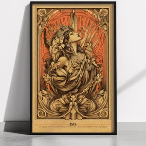 May include: A vintage-style illustration of the Egyptian goddess Isis. The image is in a gold and orange color scheme and features intricate details. The text "ISIS" is written below the image.
