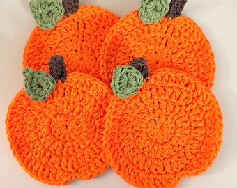 Crochet Pumpkin Coaster Set (4): Handmade Cotton Fall Decor