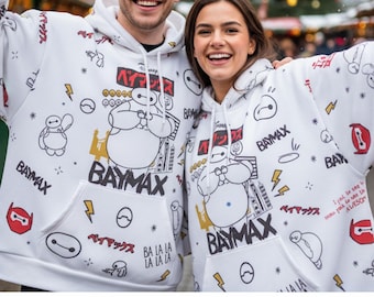 Disney Big Hero 6 Doodle All Over Print Hoodie, Cute Baymax Portrait 3D Hoodie, Baymax Japanese Style Hoodie, Disney  Matching Trip Outfit