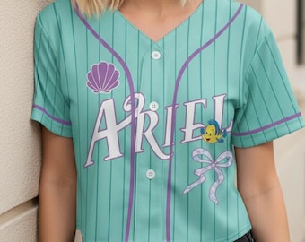 Princess Ariel And Flounder Sebastian Crop Top Baseball Jersey, Disney Little Mermaid Coquette Bow Cropped Shirt, Outfit For Baseball Girl