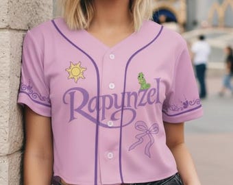 Princess Rapunzel And Pascal Crop Top Baseball Jersey, Disney Tangled Sun Lantern Coquette Bow Cropped Shirt, Disneyland Outfit